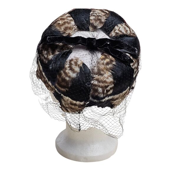 Vintage 50\'s Feather Trimmed Black Pillbox Hat With Polka Dot Veil Whimsigoth main image 8